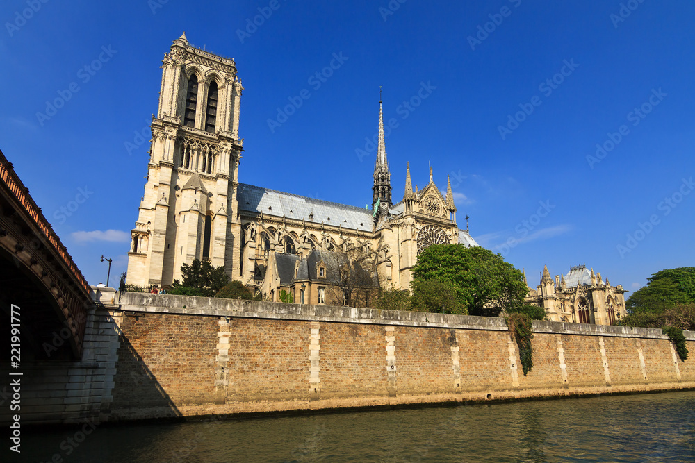 Beautiful view of the Notre-Dame Cathedral in Paris, France, in spring
