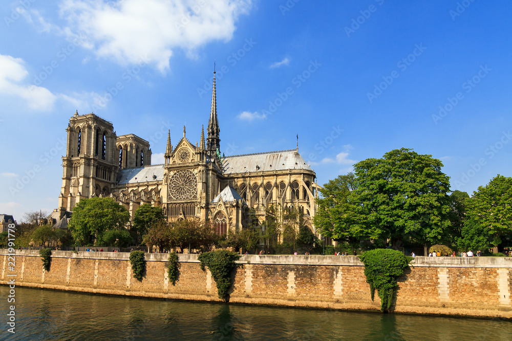 Beautiful view of the Notre-Dame Cathedral in Paris, France, in spring
