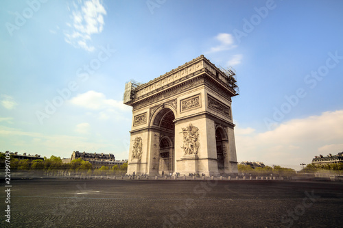 Long exposure view of the Arc du Triomphe at the Place de Gaulle in Paris, France 