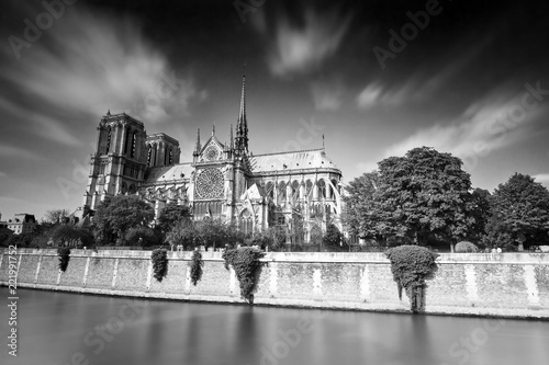 Beautiful long exposure of the Notre-Dame Cathedral in Paris, France, in spring 