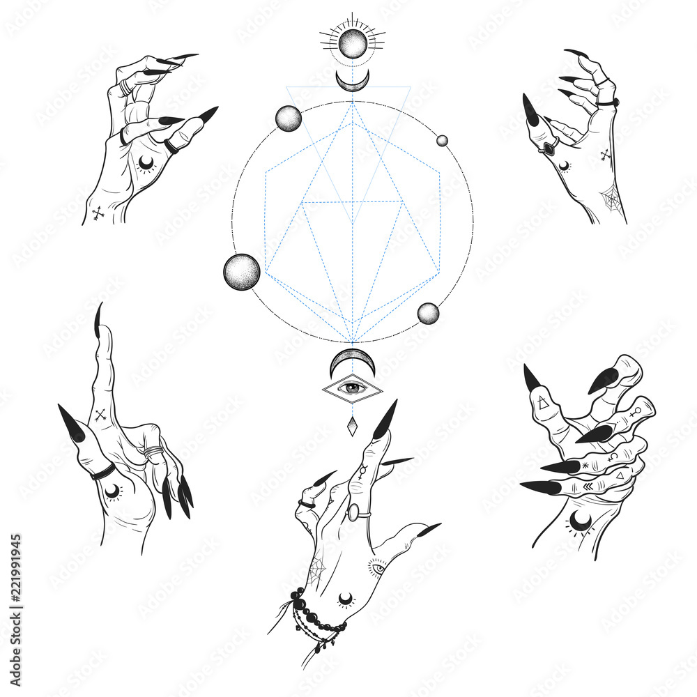 Obraz premium Witch hands with black nails, rings, Magic. Boho style.