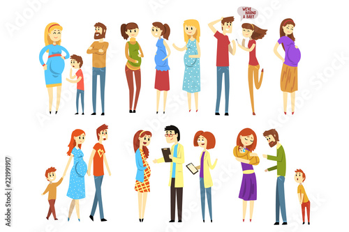 Set of young families. Cartoon people expecting baby born. Pregnant women. Girl at doctor s reception. Mother, father and child. Parenthood. Flat vector design