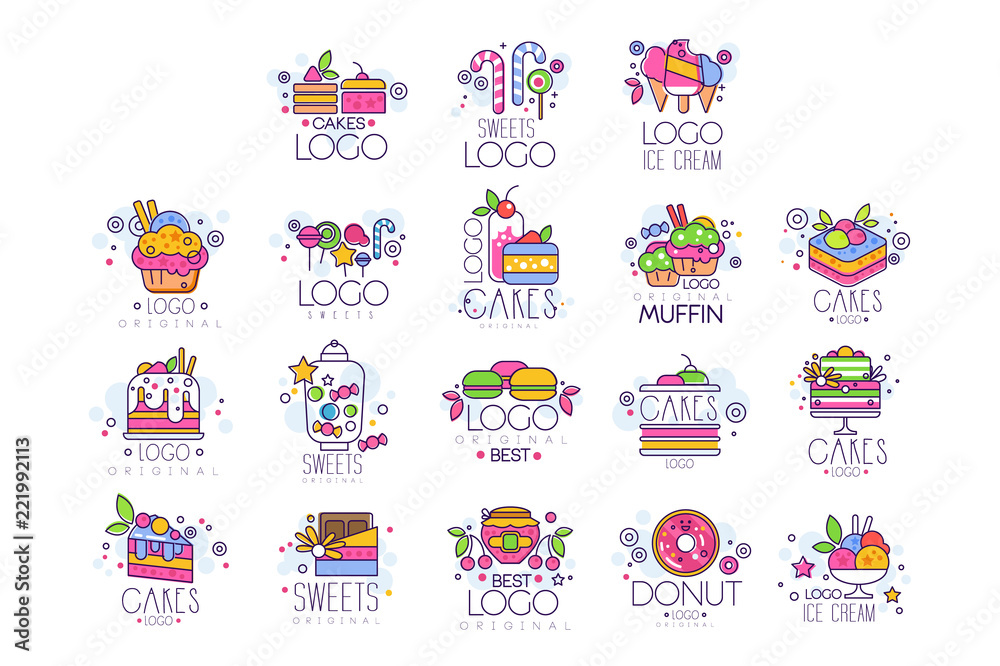 Sweets, cakes, ice cream logos set, confectionery and bakery products vector Illustrations
