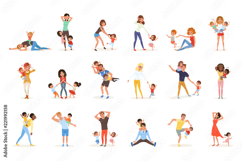 Set Of Tired Parents With Children Exhausted Moms And Dads Playful set-of-tired-parents-with-children-exhausted-moms-and-dads-playful