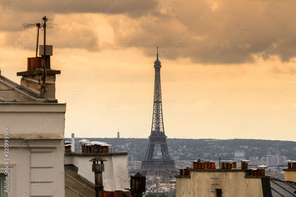 Paris spring cityscape with the Eiffel tower seen from Montmartre in the afternoon
