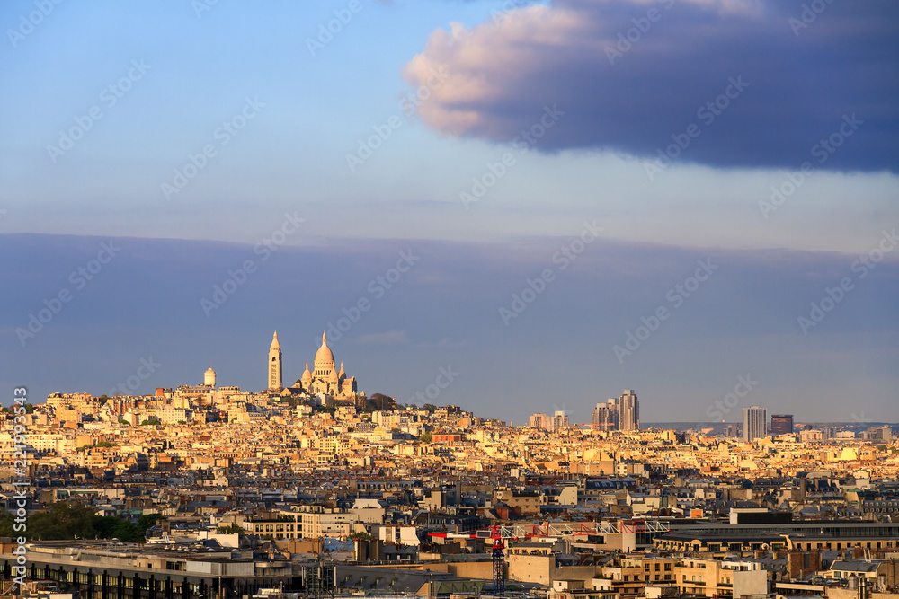 Beautiful skyline view of the Sacre Coeur seen from the Arc de Triomphe in Paris, France
