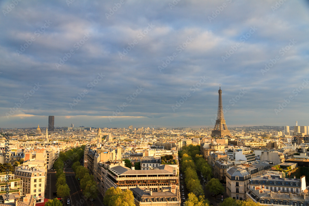 Beautiful skyline view of the Eiffel tower seen from the Arc de Triomphe in Paris, France

