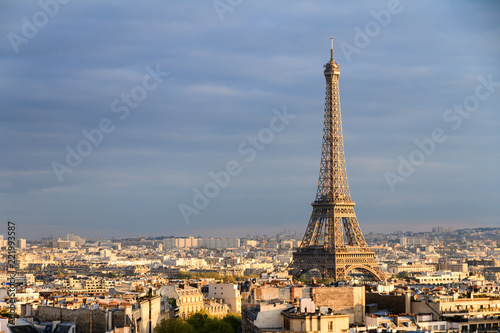Beautiful skyline view of the Eiffel tower seen from the Arc de Triomphe in Paris, France 