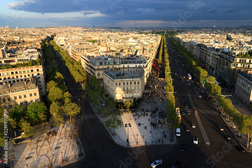 Beautiful view of the shadow of the Arc de Triomphe over the city of Paris, France 