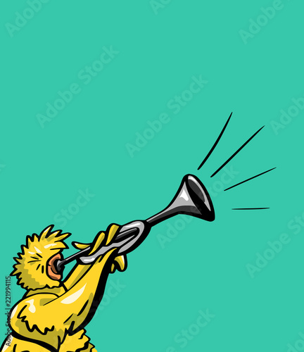 Cartoon vogel blaast op een hoorn photo