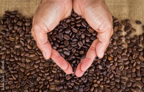 Coffee beans in hands on burlap background