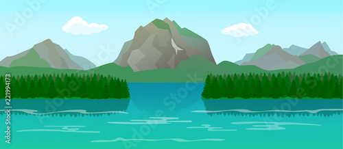 Mountain landscape with lake and islands, forest pond with spruce trees