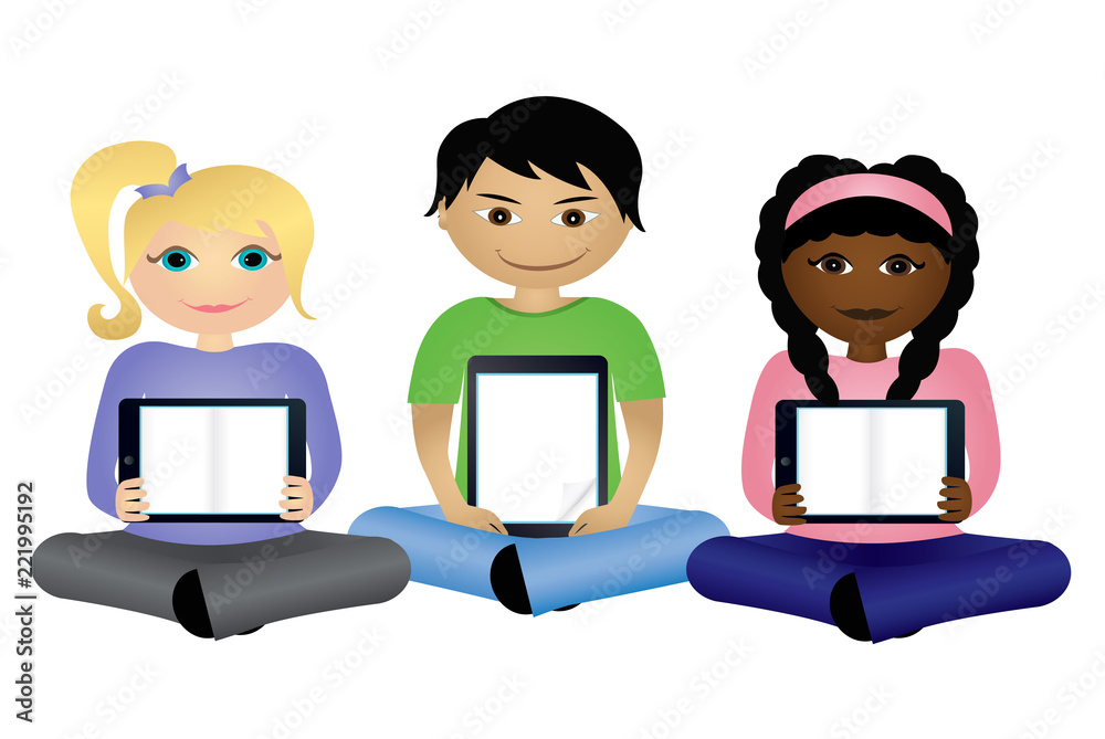 School students holding ebook reader tablets School students holding ebook reader tablets