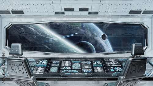 Fototapeta Naklejka Na Ścianę i Meble -  White clean spaceship interior with view on planet Earth 3D rendering