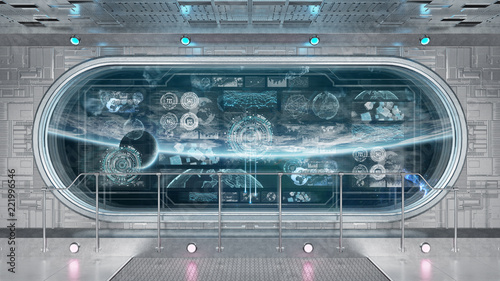 Fototapeta Naklejka Na Ścianę i Meble -  White spaceship interior with control panel digital screens 3D rendering