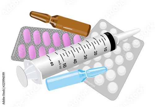Medical tablets and bottles, a syringe for injections . Glass ampoule. Pharmacy. The concept of health care. Vector
