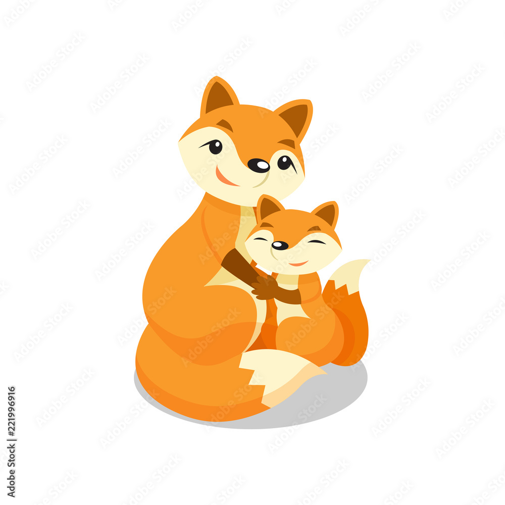 Fototapeta premium Mother fox hugging her baby fox vector Illustration on a white background