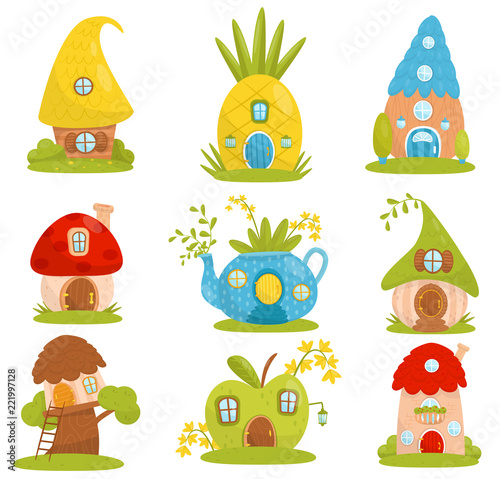 Cute small houses set, fairytale fantasy house for gnome, dwarf or elf vector Illustrations on a white background