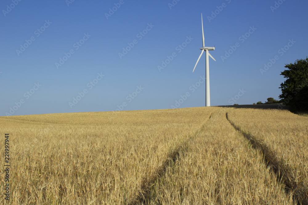 Wind turbines at a field for agriculture in the island of Jylland, Denmark. Wind turbines at a field for agriculture in the island of Jylland, Denmark.