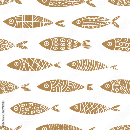 Seamless pattern with cute gold fish. Sea background. Seamless pattern can be used for wallpaper, pattern fills, web page background, surface textures.