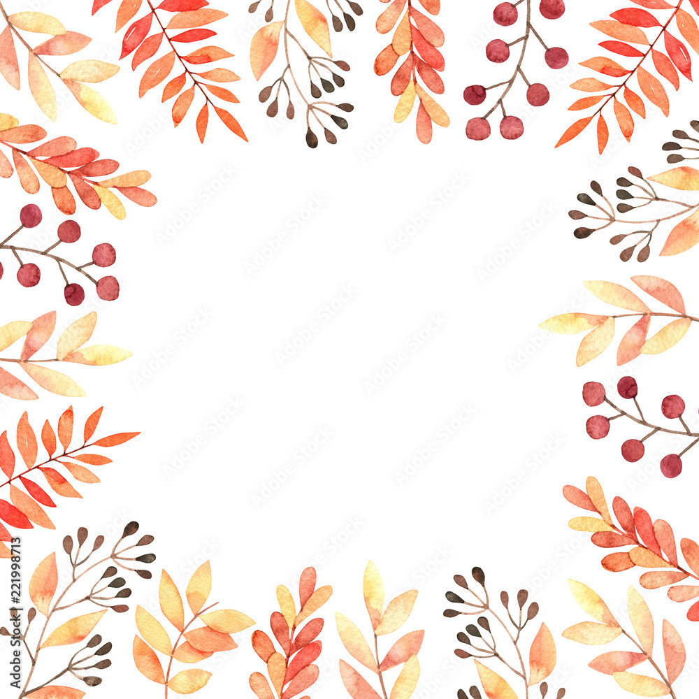 Hand drawn watercolor illustration. Frame with fall leaves, spruce branch and berries. Forest design elements. Hello Autumn! Perfect for seasonal advertisement, invitations, cards Hand drawn watercolor illustration. Frame with fall leaves, spruce branch and berries. Forest design elements. Hello Autumn! Perfect for seasonal advertisement, invitations, cards