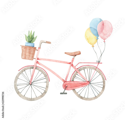 Canvas Print Hand drawn watercolor illustration - Romantic bike with flower basket in pastel colours