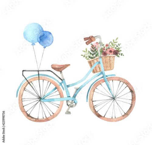 Hand drawn watercolor illustration - Romantic bike with flower basket in pastel colours. City bicycle. Amsterdam. Perfect for invitations, greeting cards, posters, prints