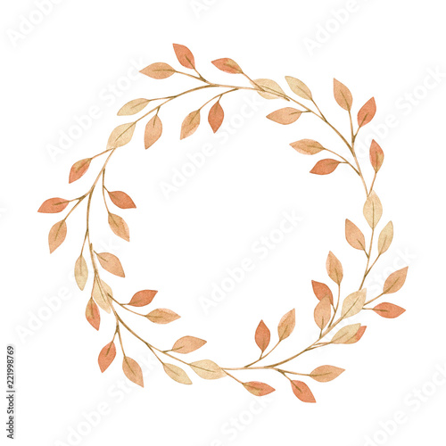 Hand drawn watercolor illustration. Wreath with fall leaves. Forest design elements. Hello Autumn! Perfect for seasonal advertisement, invitations, cards