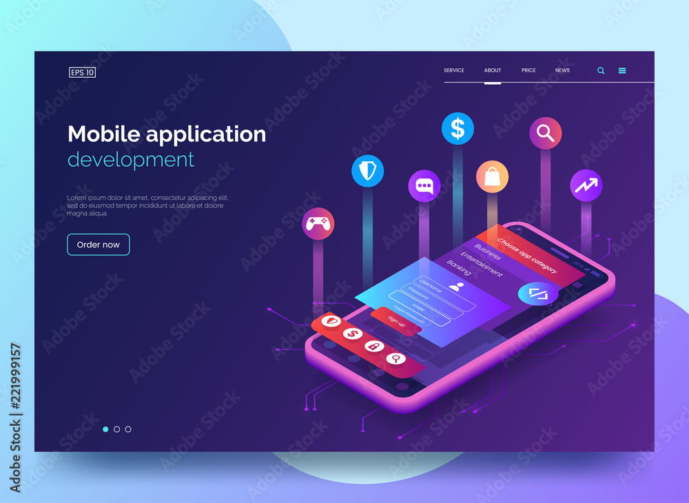 Mobile app development vector illustration. Isometric mobile phone with layout of application. User experience, user interface. Gadget software.Homepage template. design. Eps 10. - obrazy, fototapety, plakaty 