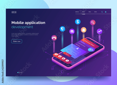 Mobile app development vector illustration. Isometric mobile phone with layout of application. User experience, user interface. Gadget software.Homepage template. design. Eps 10. photo