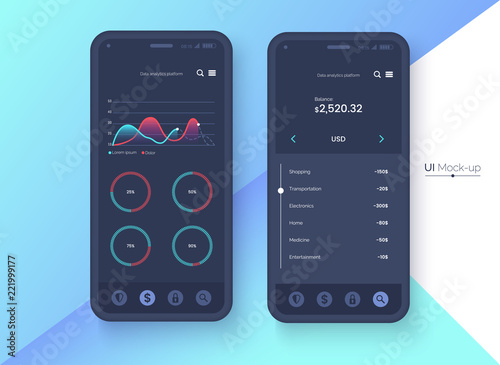 Conceptual black mobile phone mock-up for app interface presentation. User interface design concept. Smartphone screen on colorful abstract background. Vector eps 10.