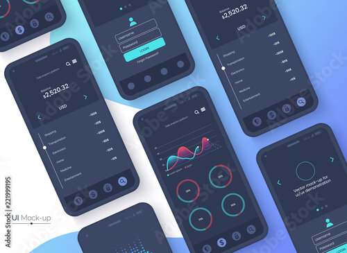 Conceptual black mobile phones for user interface, user experience presentation. Smartphone mock-up on blue gradient background. Mobile app design concept. Vector eps 10.