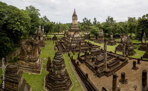 Aerial View of a historical sites ruins Buddhist Temple Wat Mahathat at The Sukhothai Historical Park  a registered UNESCO World Heritage City in the tranquil late afternoon sun