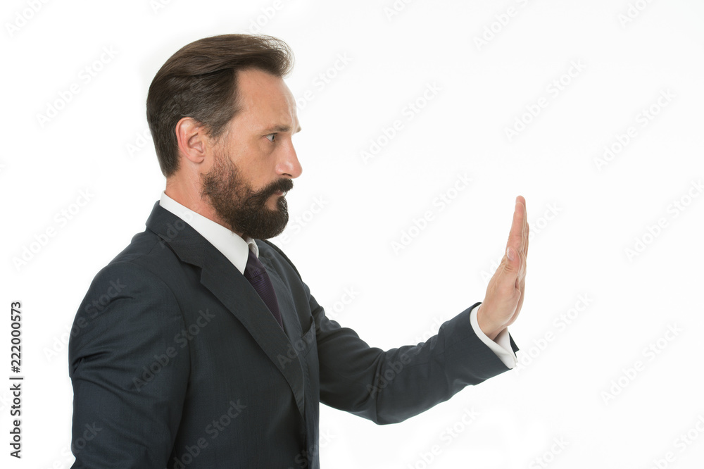 Enough tolerating unacceptable behavior. Hold on. Man shows hand palm gesture to stop isolated on white. Man bearded mature in formal wear. Businessman manager with beard mustache shows stop gesture Enough tolerating unacceptable behavior. Hold on. Man shows hand palm gesture to stop isolated on white. Man bearded mature in formal wear. Businessman manager with beard mustache shows stop gesture