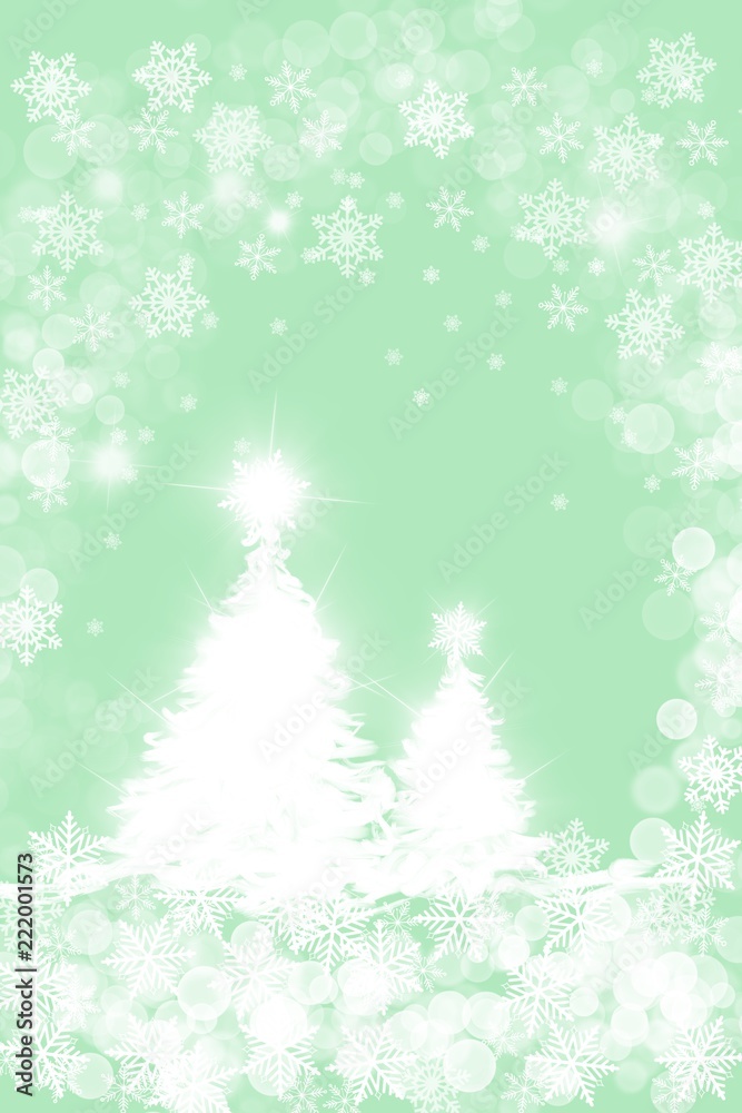 winter white snowy Christmas holiday tree on green background