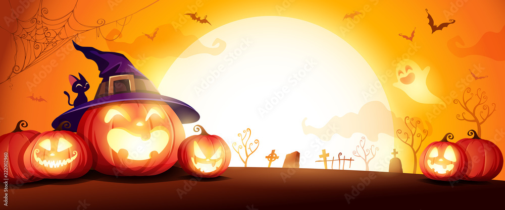 Fototapeta premium Halloween pumpkin patch in the moonlight. Jack O Lantern party. Horizontal banner. 