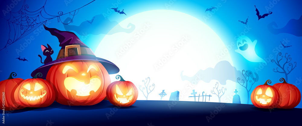 Obraz premium Halloween pumpkin patch in the moonlight. Jack O Lantern party. Horizontal banner. 