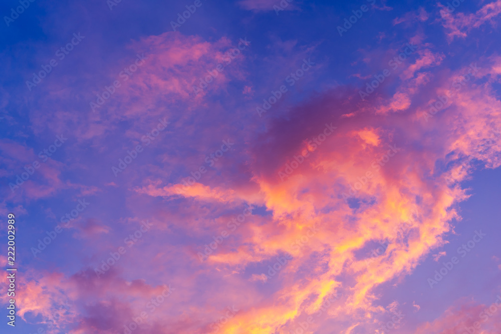 scenic view of beautiful blue sky with clouds that reflect on sun light from sunset in the evening time, magic hours, landscape and background concept.