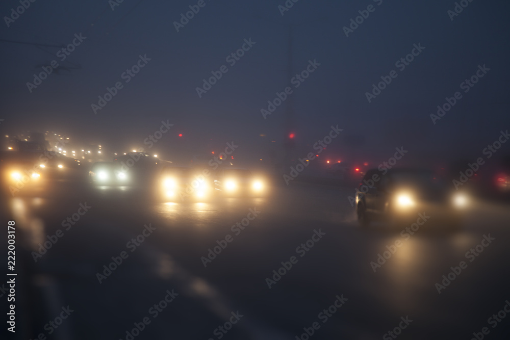  cars are driving in the fog