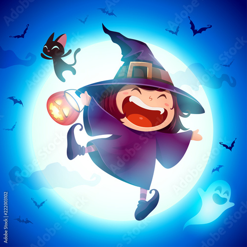 Cute Little Witch. Girl kid in Halloween costume jumping in the moonlight.