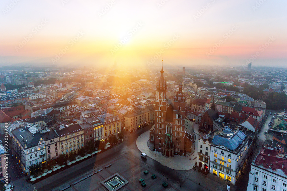 Fototapeta premium Krakow Market Square, Aerial sunrise
