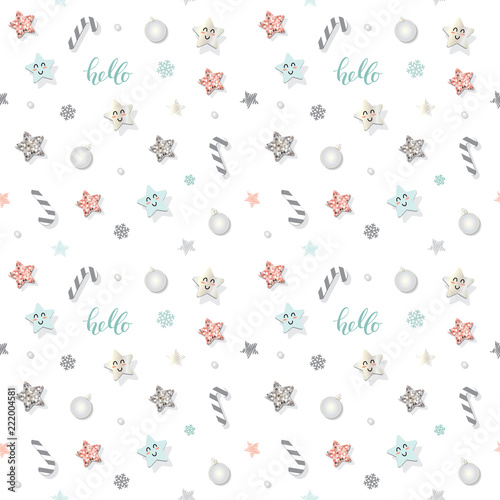 Christmas and new year pattern background with glitter stars and decorative elements.