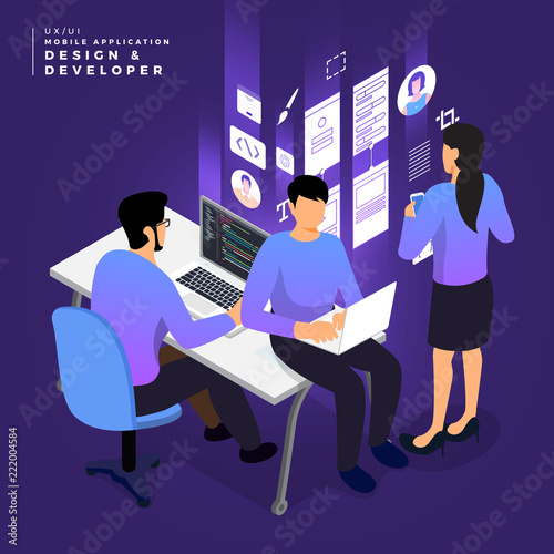 Isometric business UI/UX Team