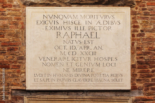 Raffaello street, marble plaque in front of the house of Raffaello Sanzio, Urbino, Italy
 photo
