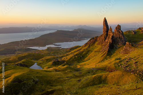 The Old Man Of Storr on the Isle of Skye with first light hitting the pinnacles.  photo