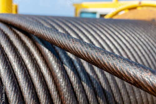 Wire rope sling or cable sling on crane reel drum  or winch roll of crane the lifting machine in heavy industrial