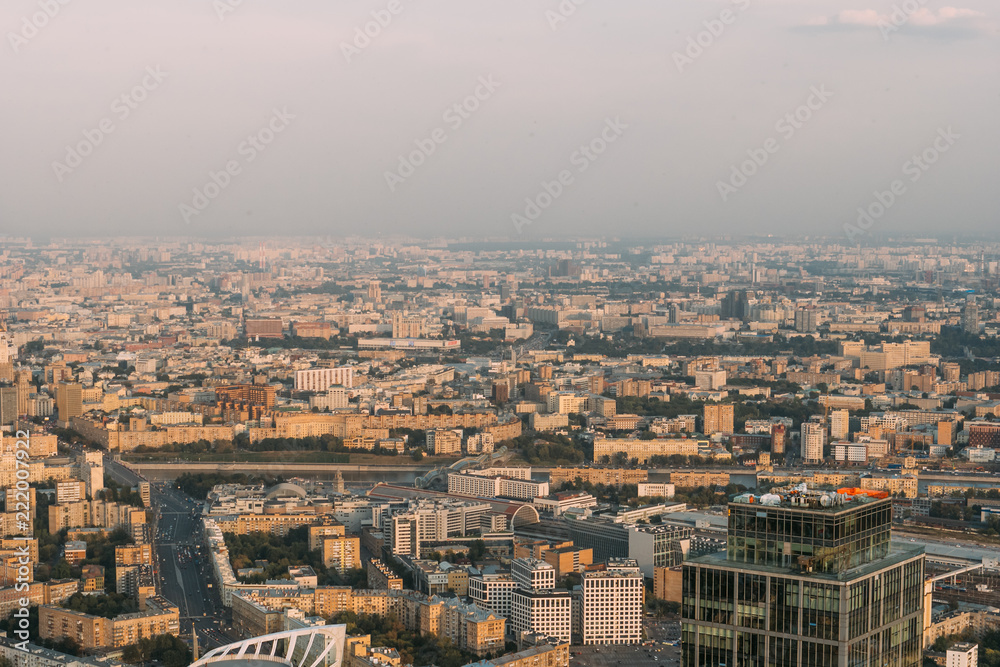 Aerial view of Moscow city panorama at sunset