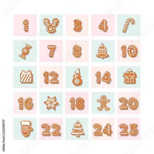 Christmas advent calendar, decorated wirh gingerbread cookies.