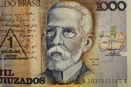 Machado de Assis portrait as a bust old one thousand cruzados note Brazilian money. Front side. 1000.