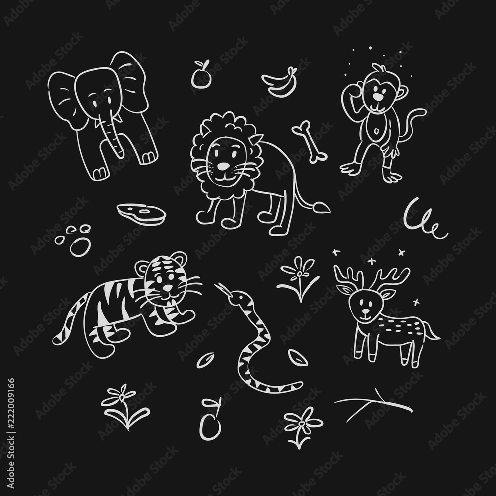 set animal hand drawing doodle illustration set
